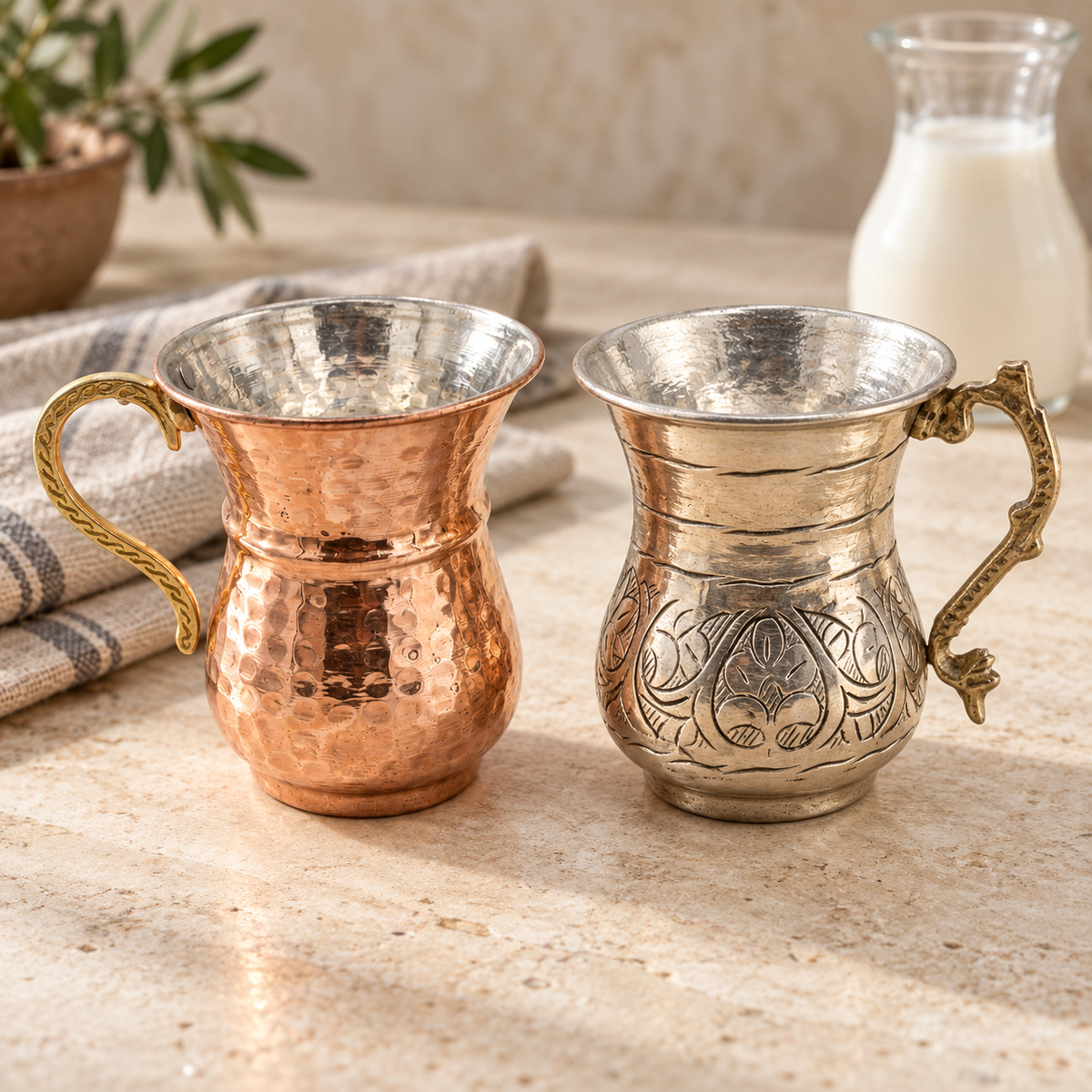 Doğal taş zeminde bakır ve kalaylı iki ayran maşrapası