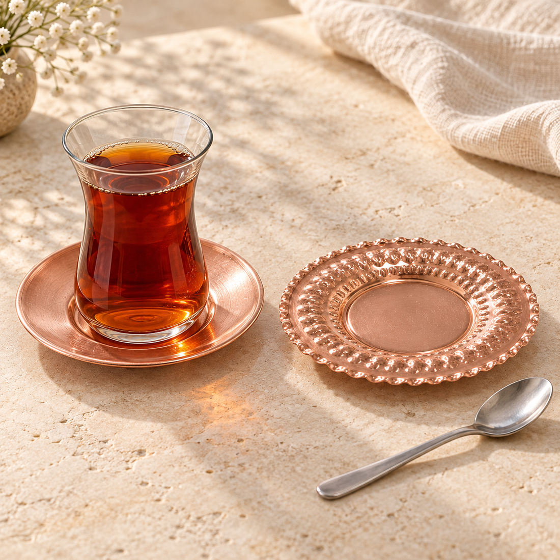 Açık taş zeminde çay bardağıyla kullanılan düz ve boncuk kenarlı iki bakır çay tabağı