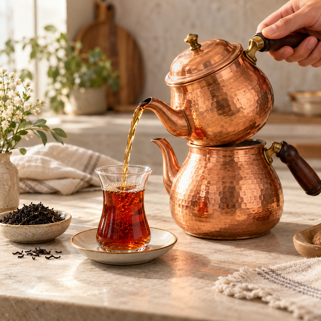 Bakır çaydanlıktan ince belli bardağa çay dökülen demleme sahnesi