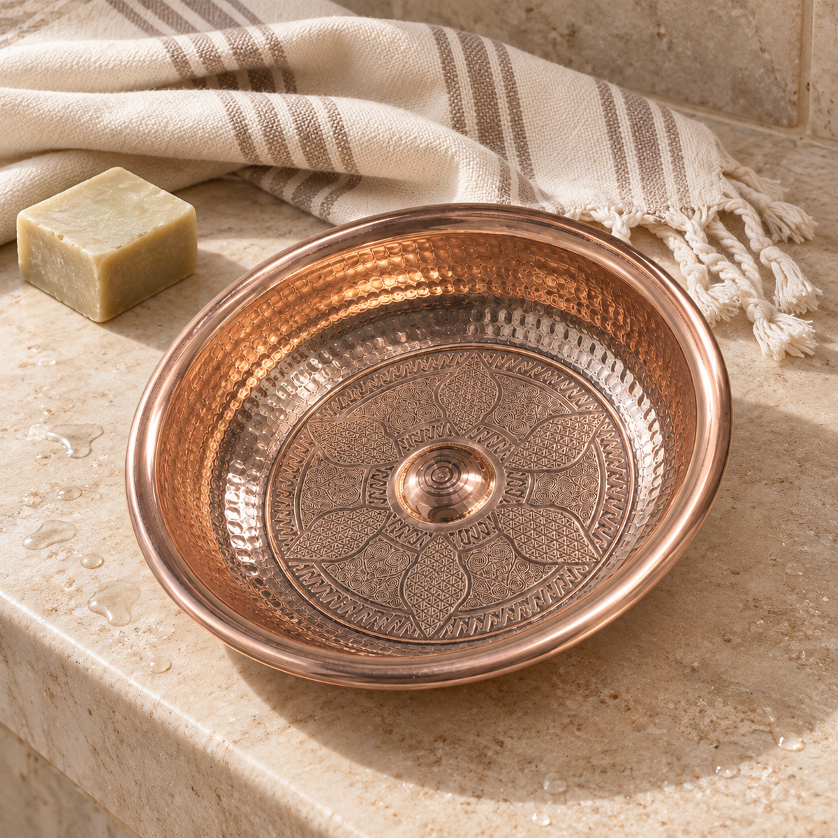 Doğal taş zeminde peştemal ve sabun yanında işlemeli bakır hamam tası