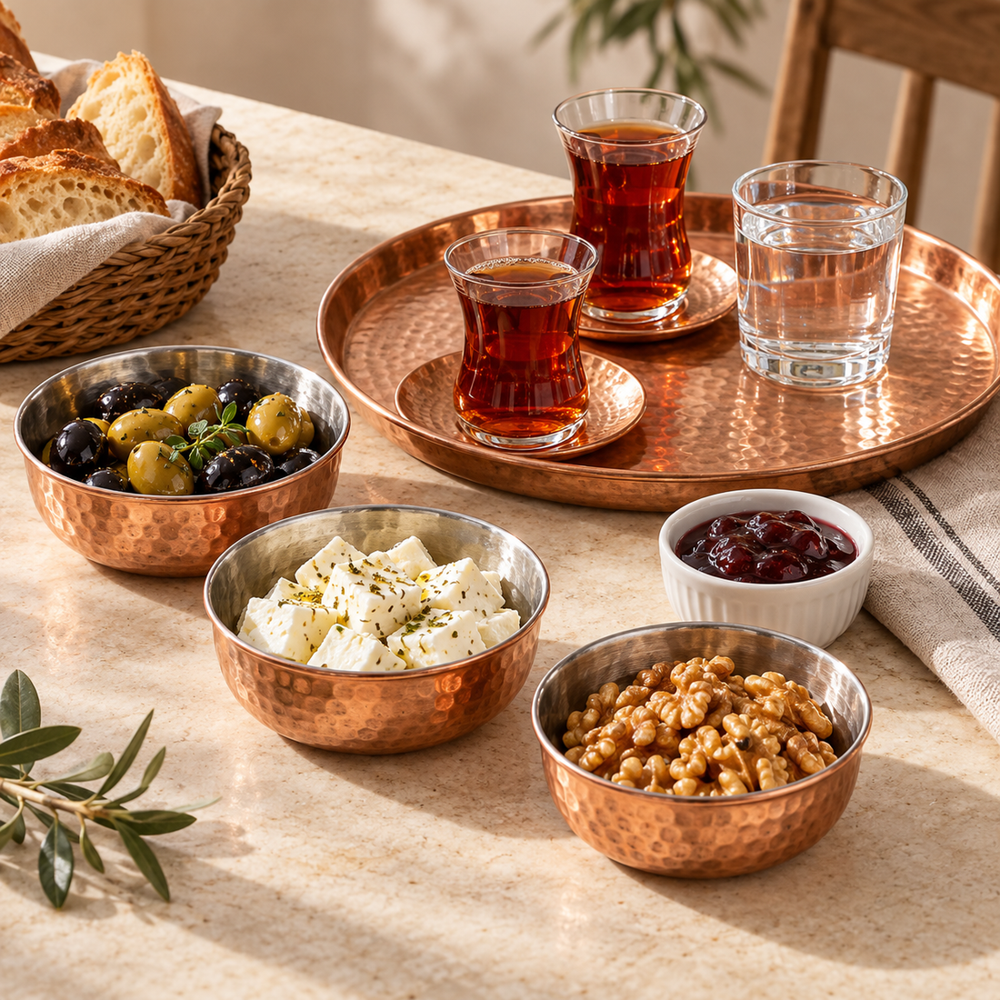 Kalaylı bakır kaseler, çay tabakları ve tepsiyle hazırlanmış kahvaltı sunumu