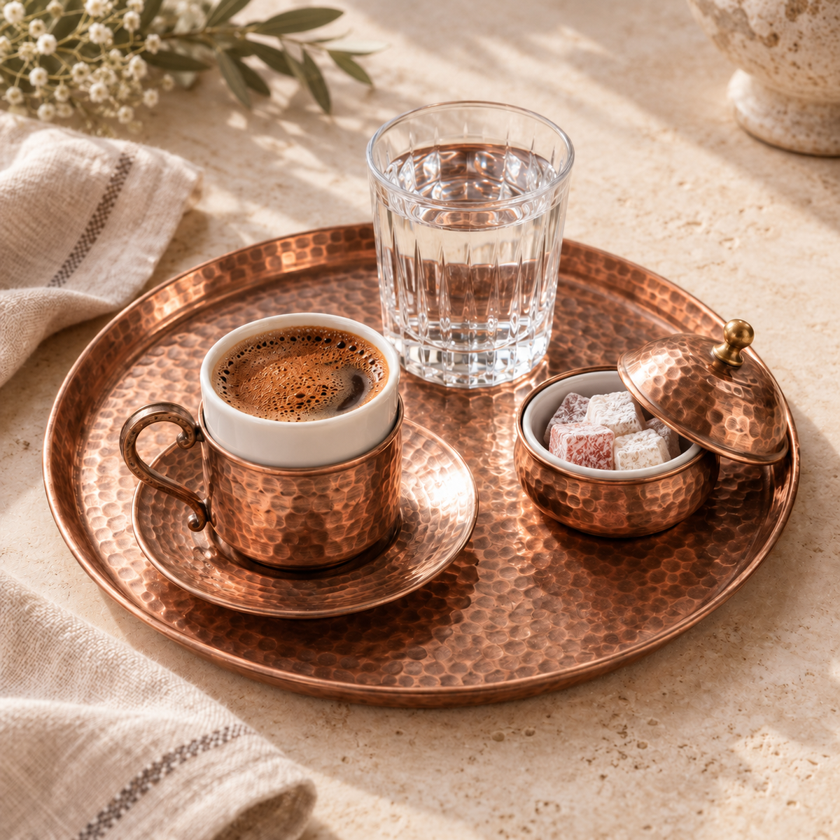 Bakır tepside fincan, su bardağı ve porselen lokumlukla Türk kahvesi sunumu