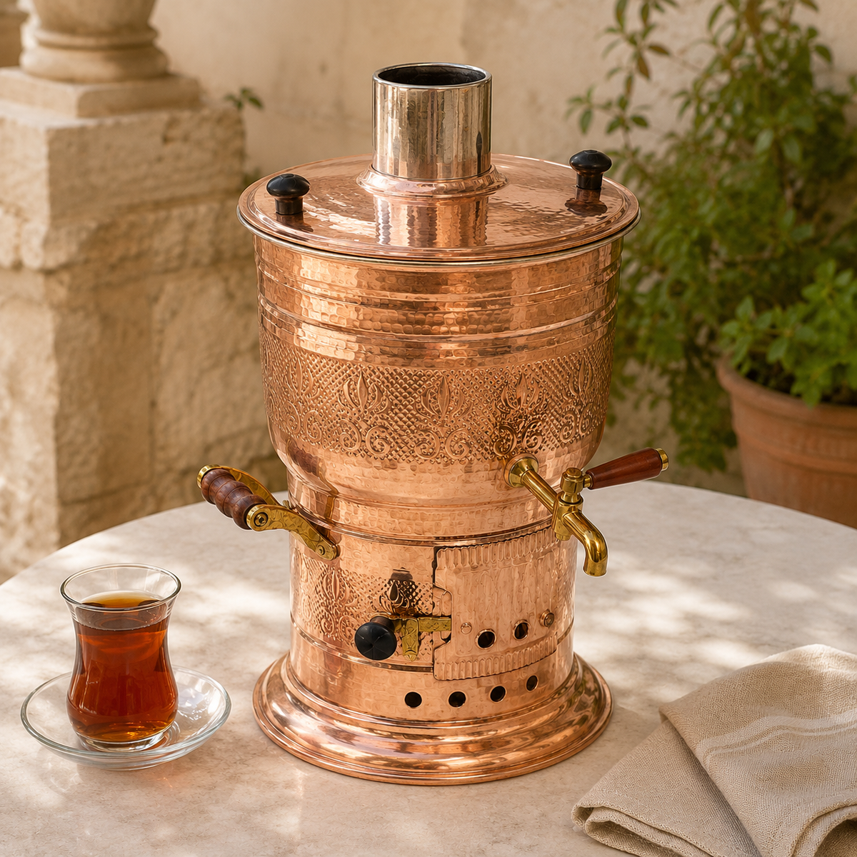 Çay bardağıyla birlikte açık havada sergilenen bakır semaver