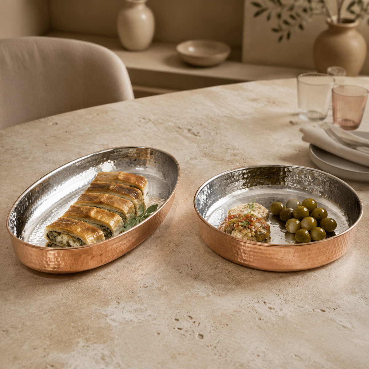 Oval ve yuvarlak formlu kalaylı bakır servis tabakları