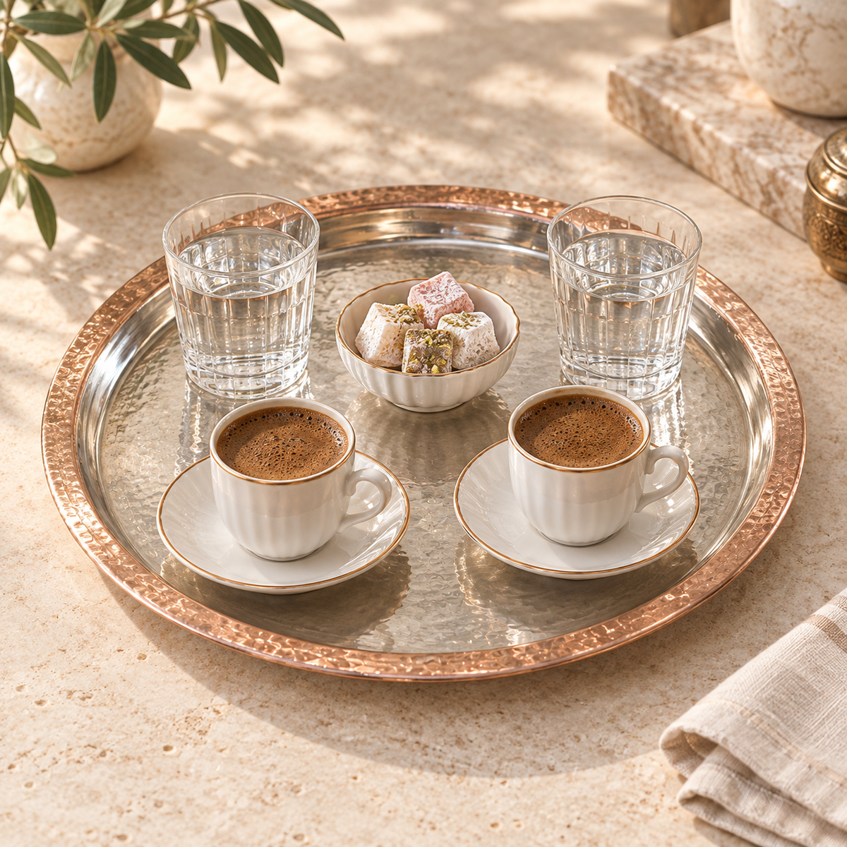Bakır sunum tepsisi üzerinde iki kişilik kahve servisi