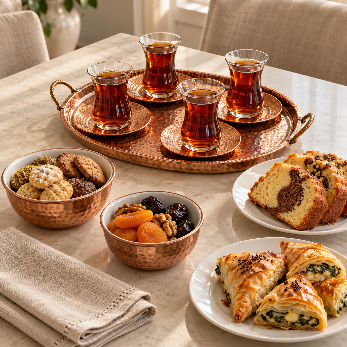 Bakır tepsi, çay tabakları ve ikramlıklarla hazırlanmış dört kişilik çay saati sofrası