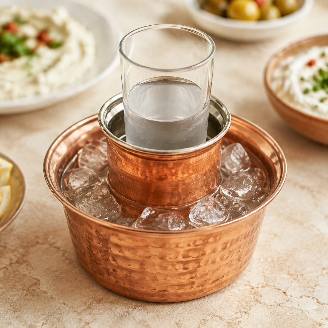 Buz haznesinde rakı bardağı bulunan bakır ehli keyf