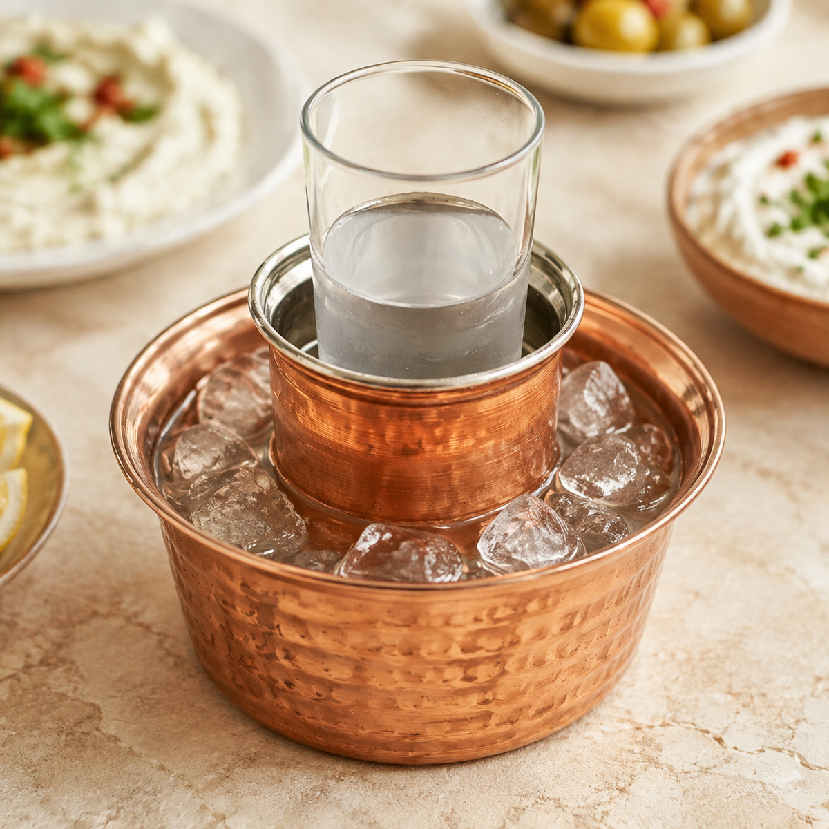 Buz haznesinde rakı bardağı bulunan bakır ehli keyf