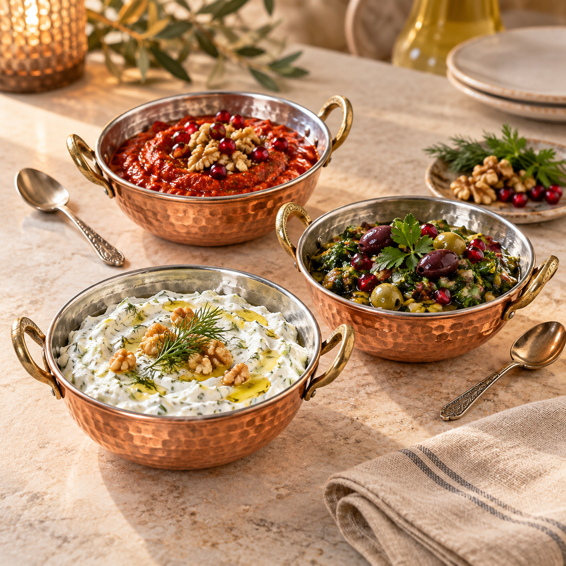 Kalaylı iç yüzeyli bakır kaselerde renkli meze sunumu