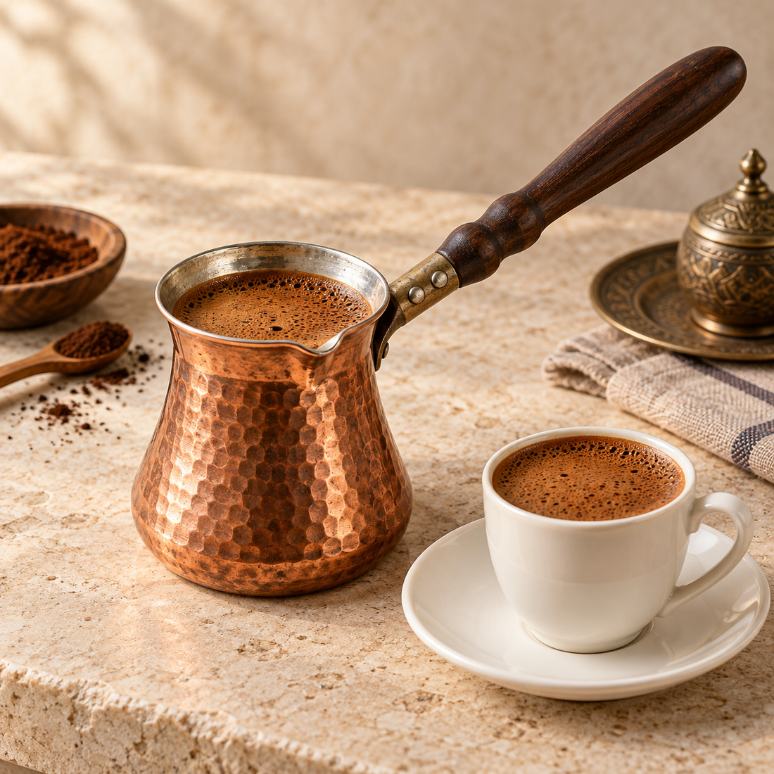 Köpüğü yükselmiş kalaylı iç yüzeyli bakır cezve ve yanında köpüklü Türk kahvesi fincanı