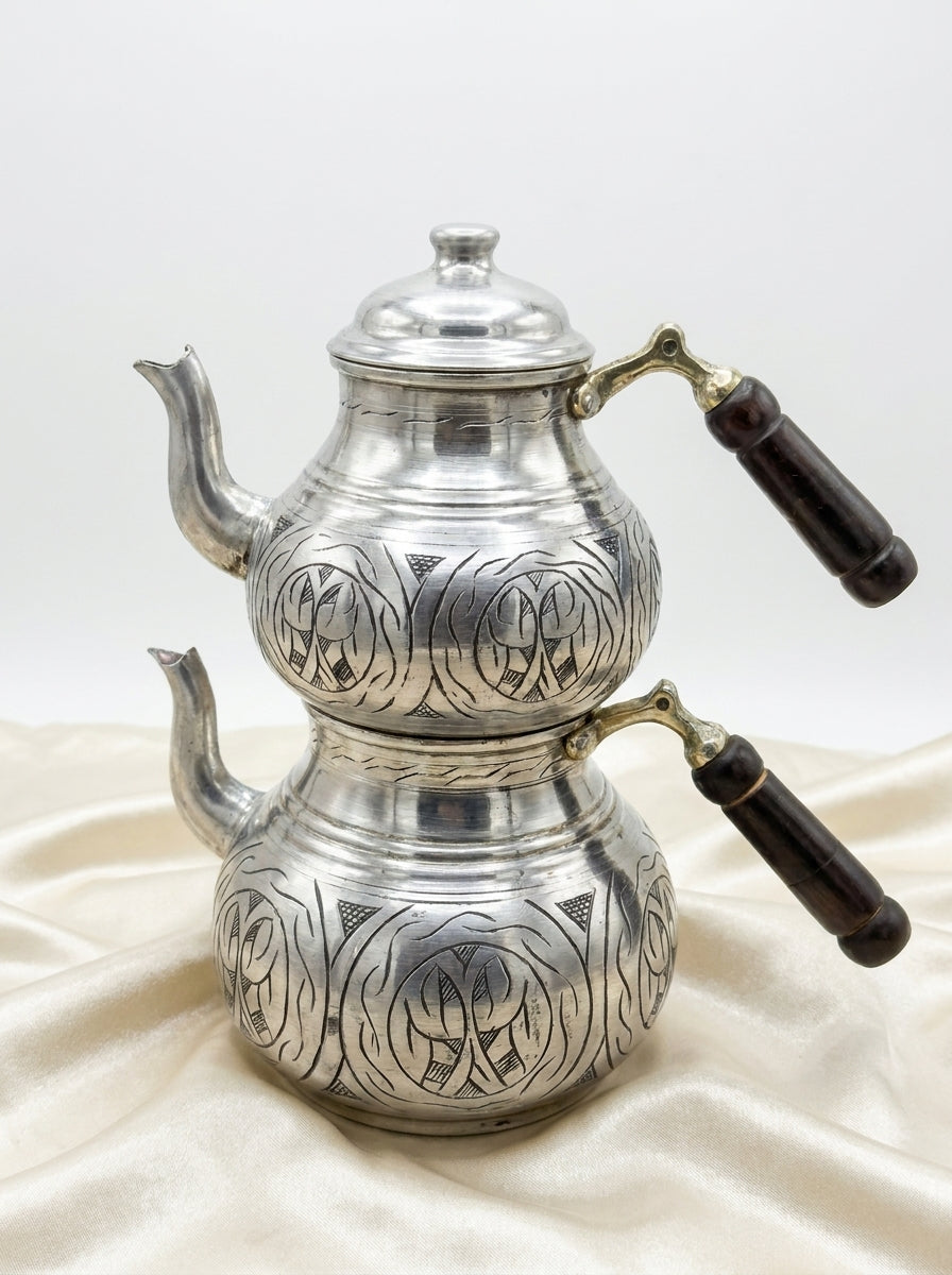 İşlemeli Bakır Çaydanlık - Lüks Seri (İç Dış Kalaylı)
