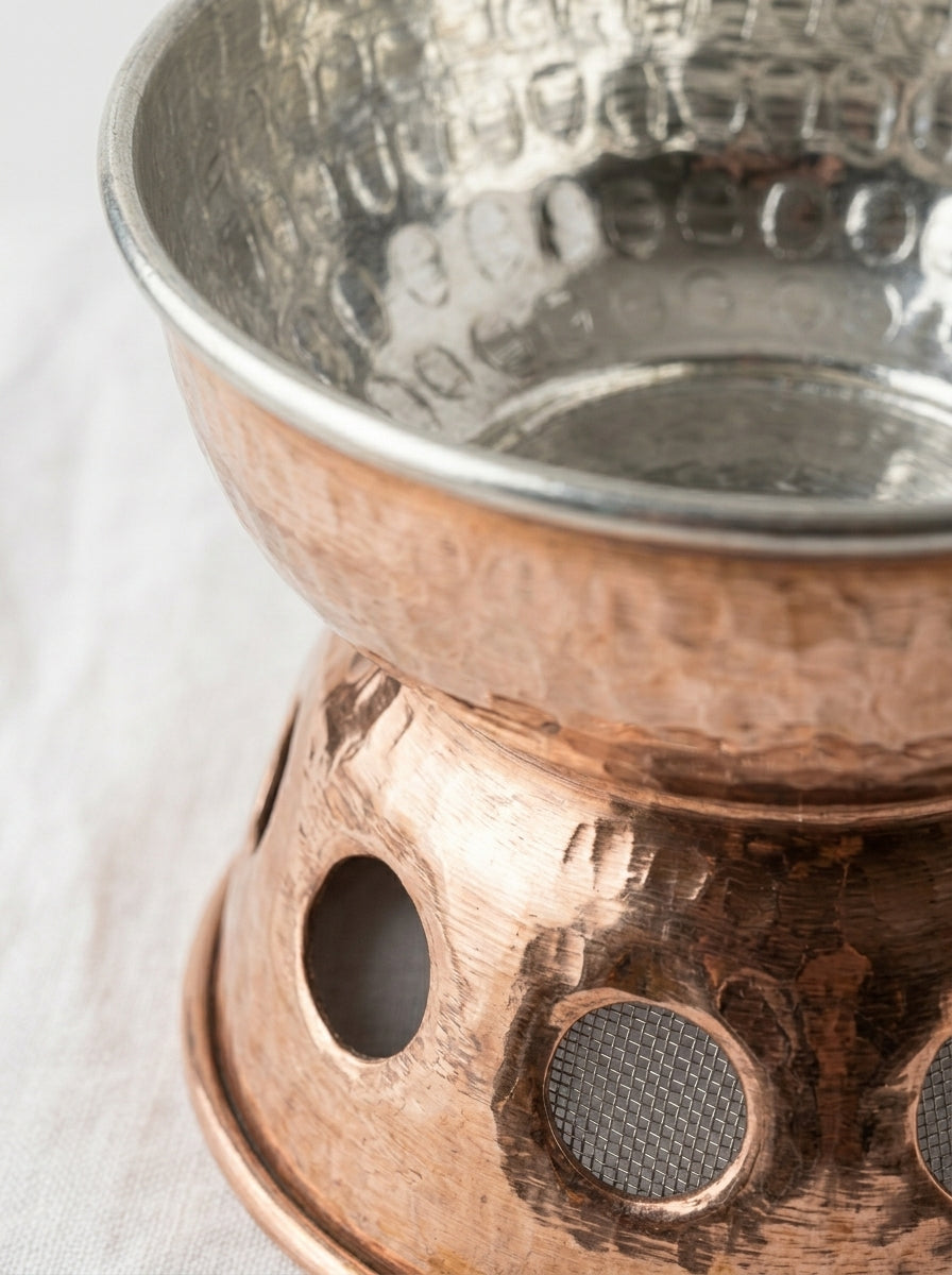 Bakır Fondu ve Sunum Isıtıcı Seti - El Dövmesi Kulpsuz Küçük Boy