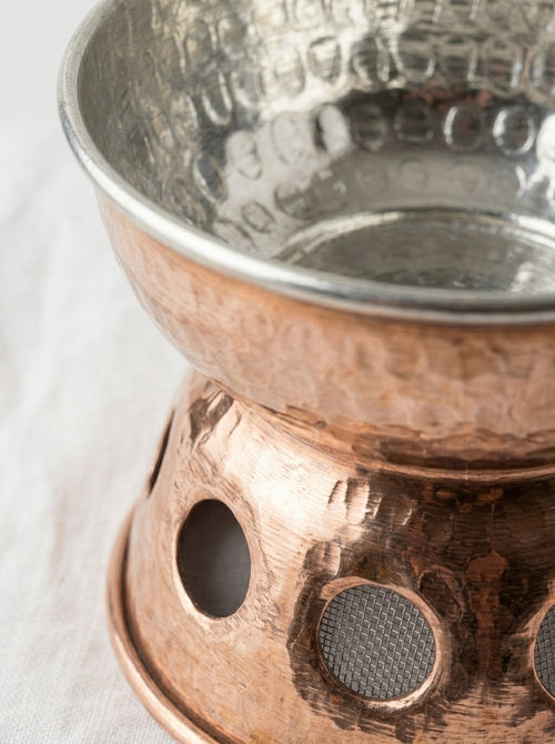 Bakır Fondu ve Sunum Isıtıcı Seti - El Dövmesi Kulpsuz Küçük Boy
