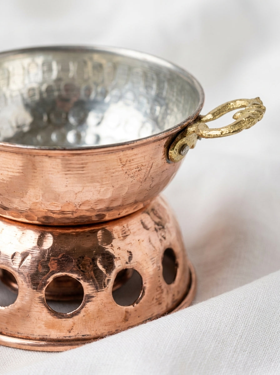 Bakır Fondu ve Sunum Isıtıcı Seti - Pirinç Kulplu Orta Boy