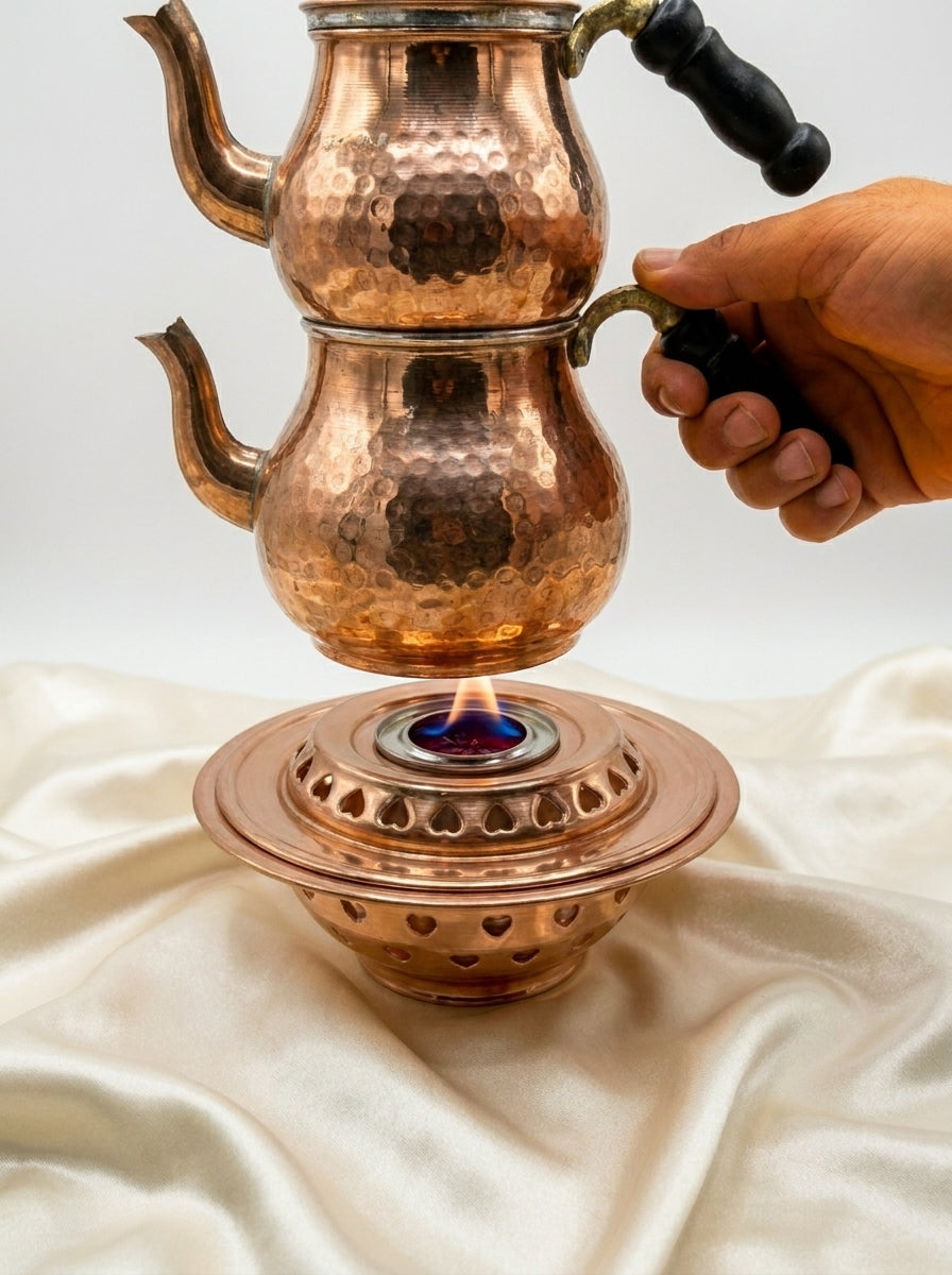 Pirinç Izgaralı Bakır Çaydanlık Isıtıcısı - Mini Ocak (Kırmızı Bakır)