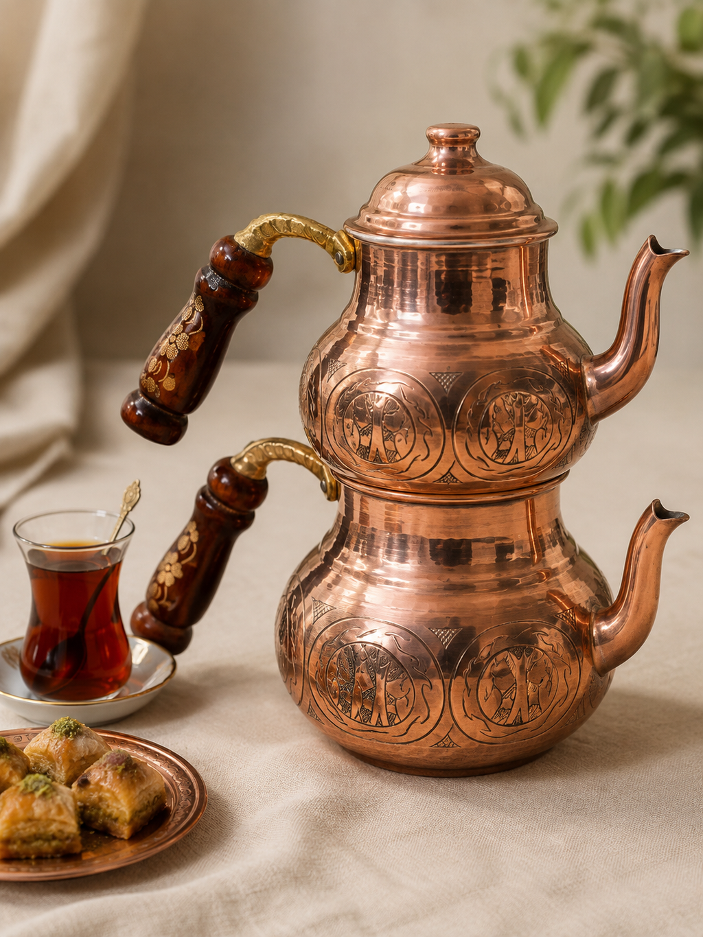 Yuvarlak Gövdeli İşlemeli Bakır Çaydanlık