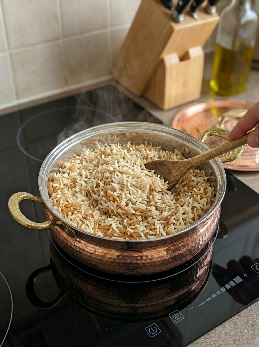 Bakır Pilav Tenceresi - El Dövmesi Klasik Pirinç Kulplu Basık Sahan Model